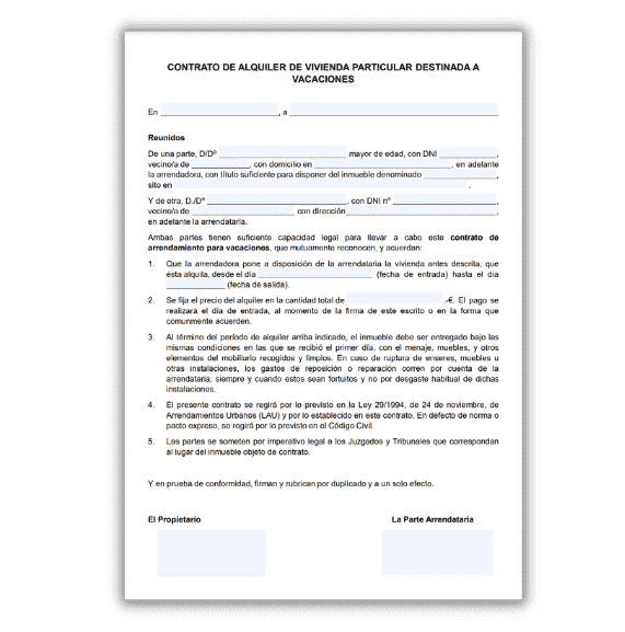 Contrato de alquiler vacacional Plantilla AvaiBook
