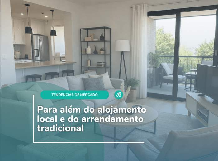 Sala de estar e cozinha de um imóvel moderno com potencial para coliving e flexliving em Portugal, ideal para nómadas digitais.